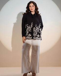 Black Blossom Threadwork Cotton Shirt