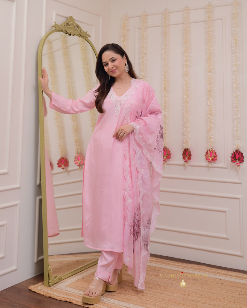 Baby Pink Pearlwork Silk Festive Suit