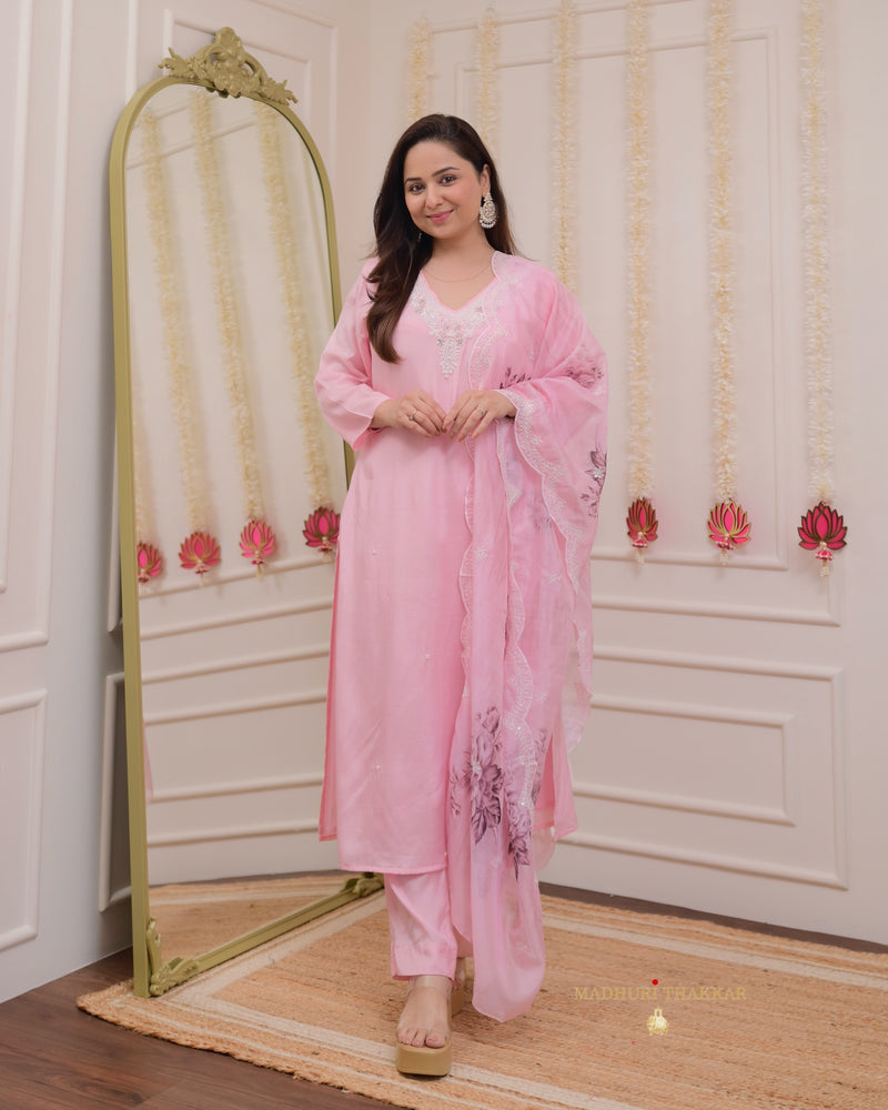 Baby Pink Pearlwork Silk Festive Suit