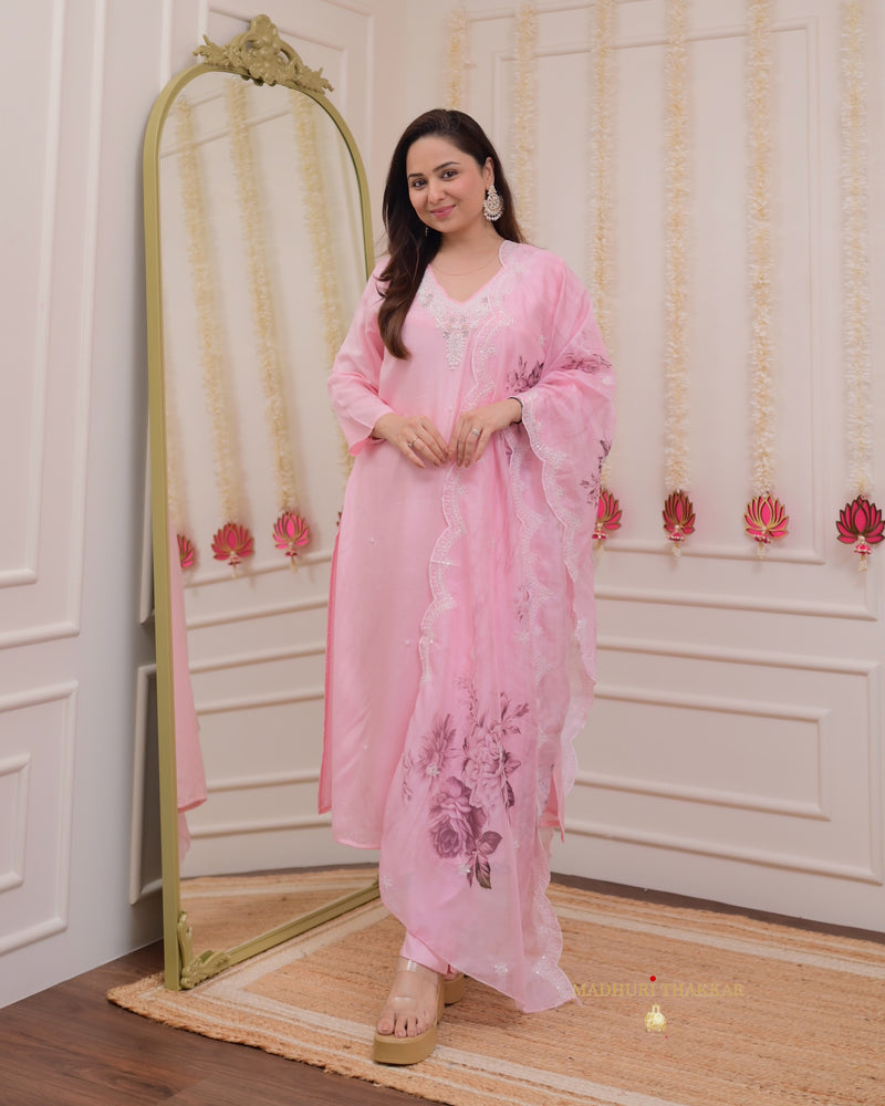 Baby Pink Pearlwork Silk Festive Suit