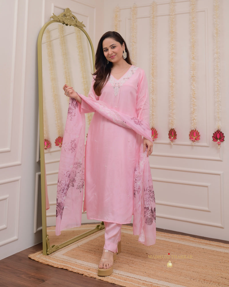 Baby Pink Pearlwork Silk Festive Suit