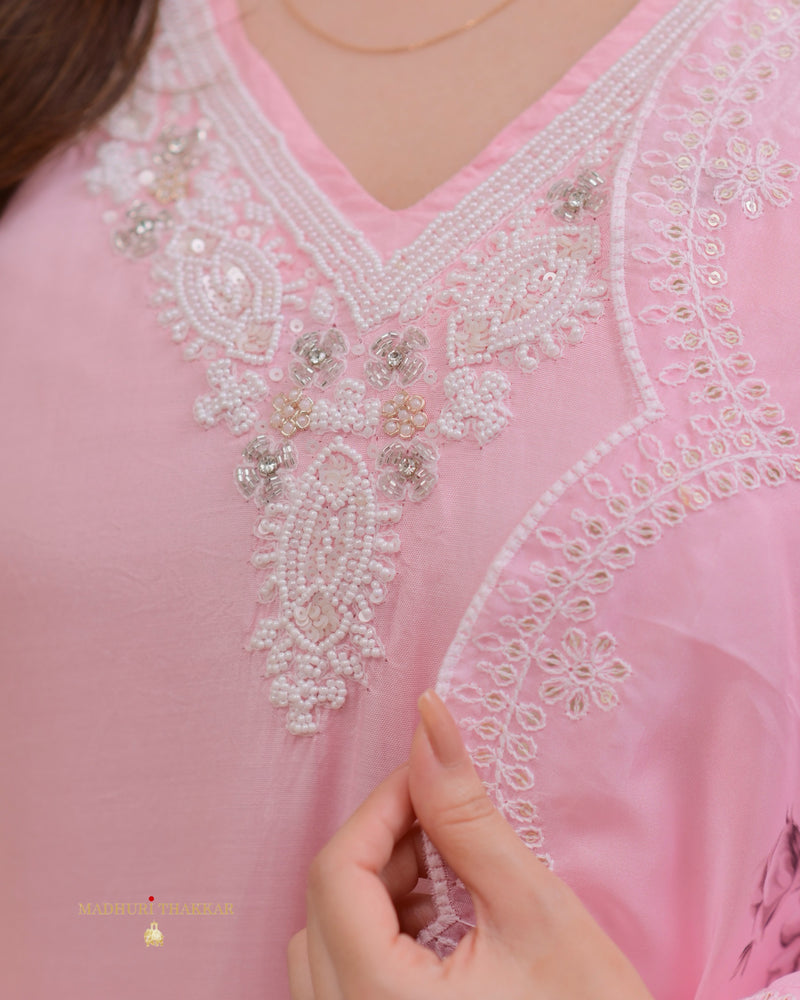 Baby Pink Pearlwork Silk Festive Suit