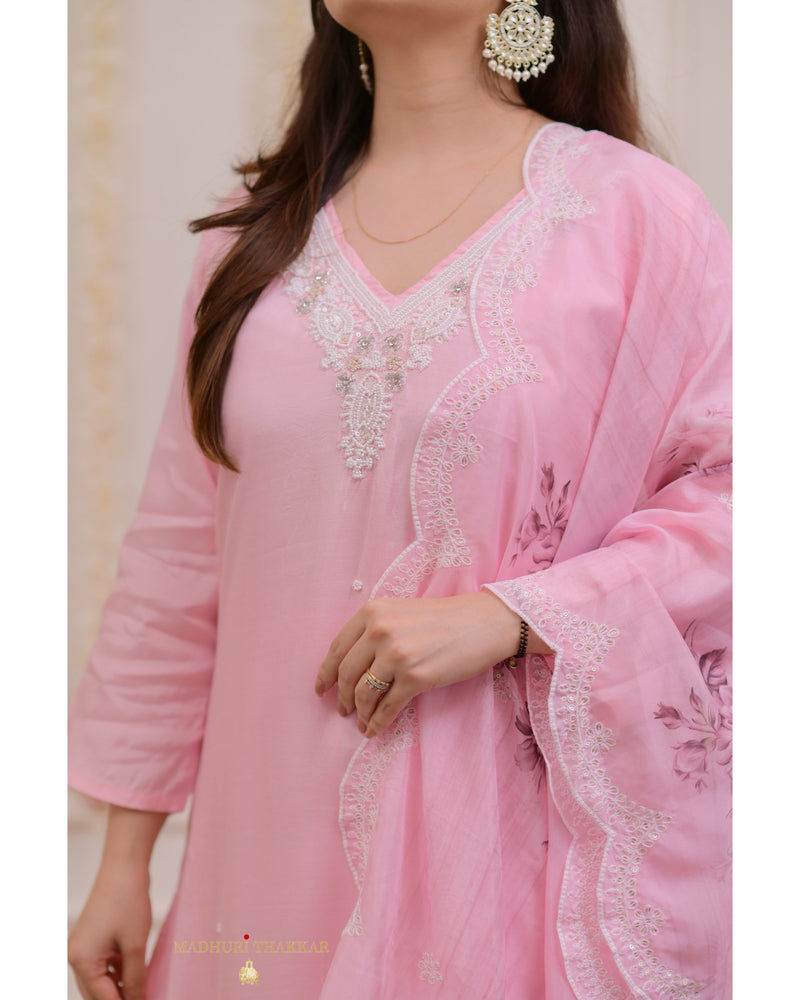 Baby Pink Pearlwork Silk Festive Suit