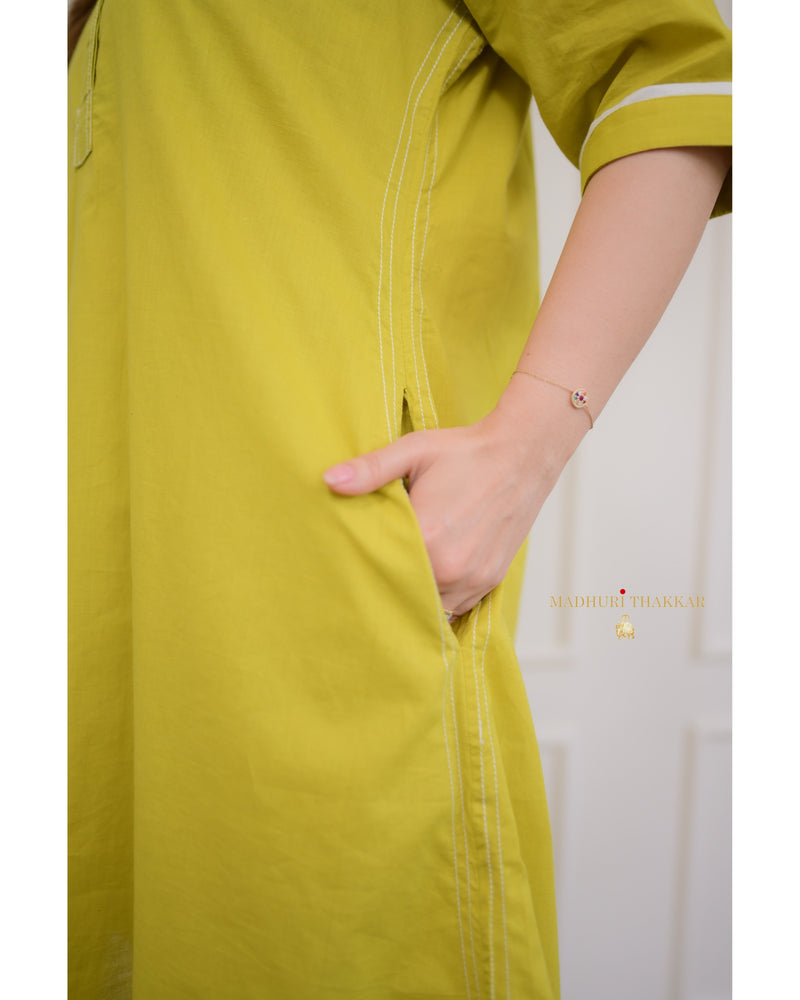 Greenish Yellow A Line Cotton Co-ord