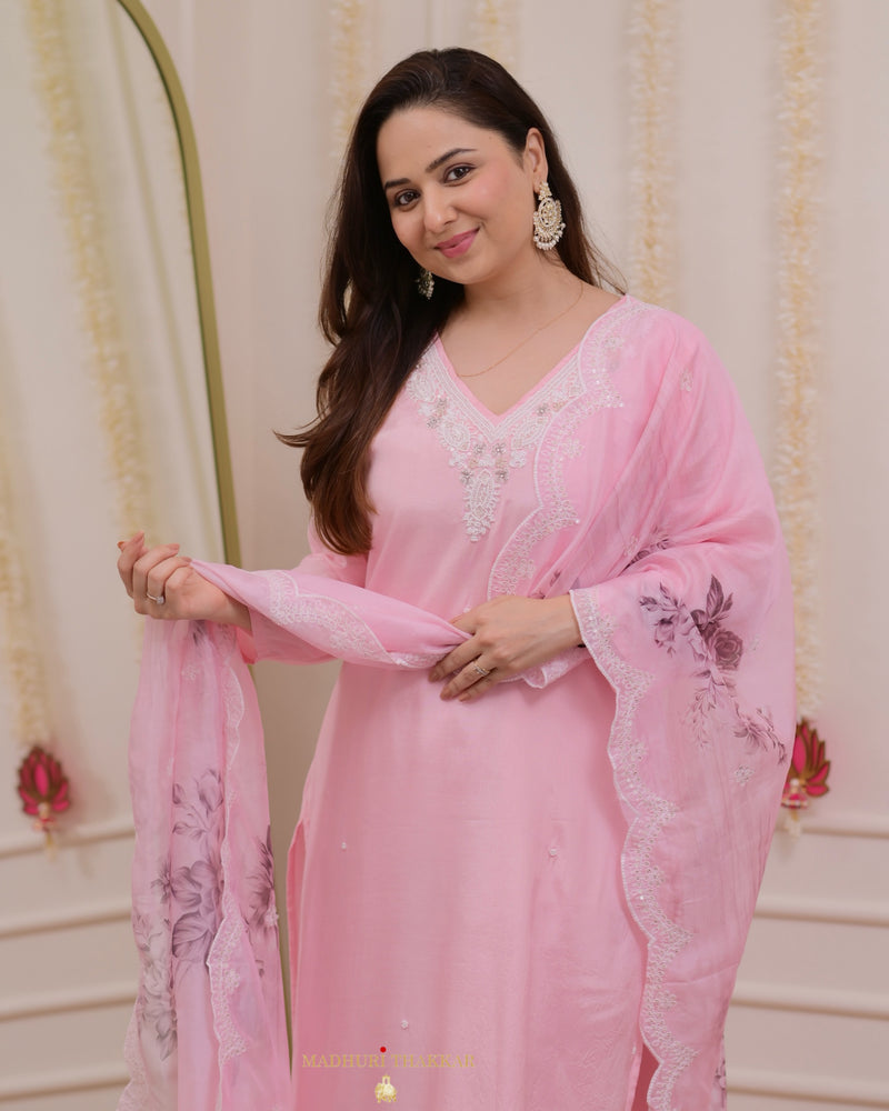 Baby Pink Pearlwork Silk Festive Suit