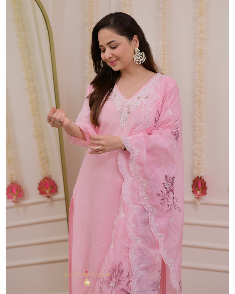 Baby Pink Pearlwork Silk Festive Suit