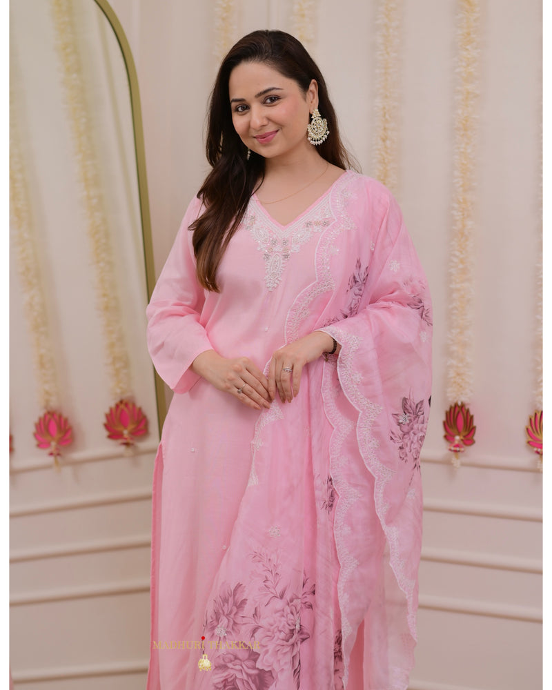 Baby Pink Pearlwork Silk Festive Suit