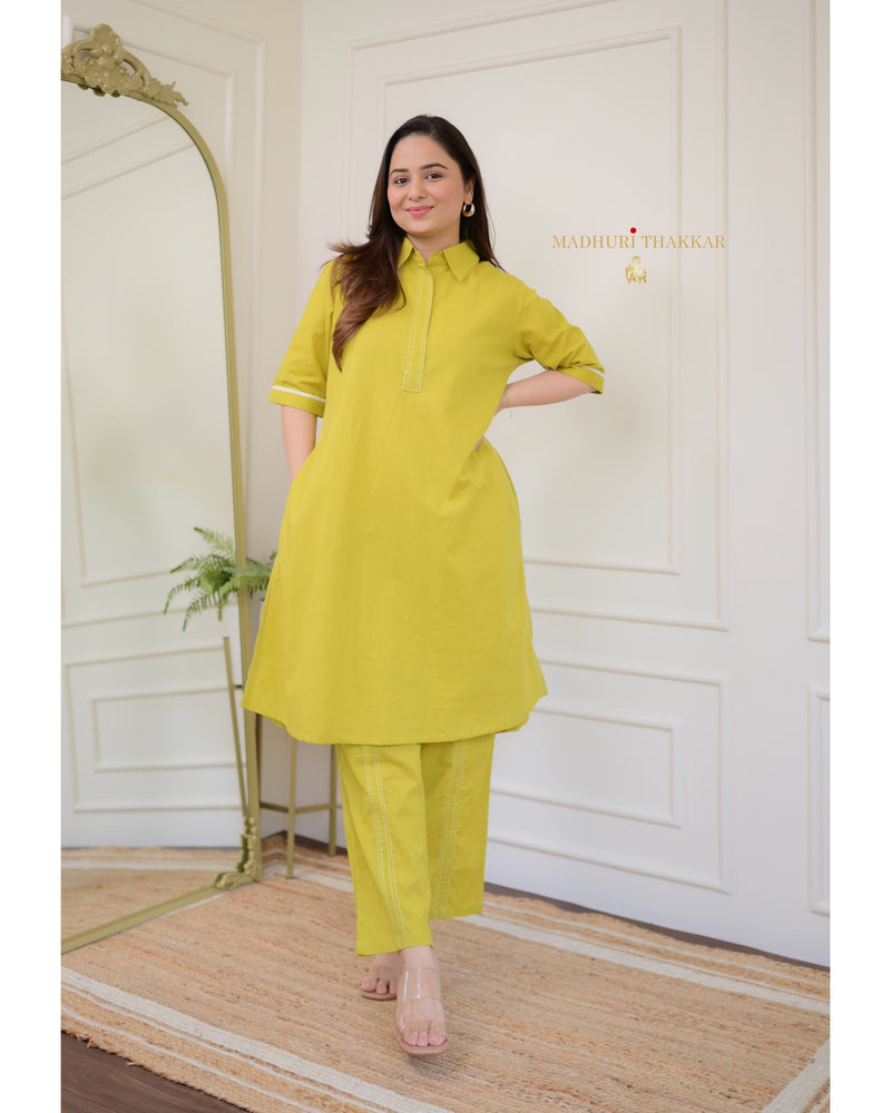 Greenish Yellow A Line Cotton Co-ord