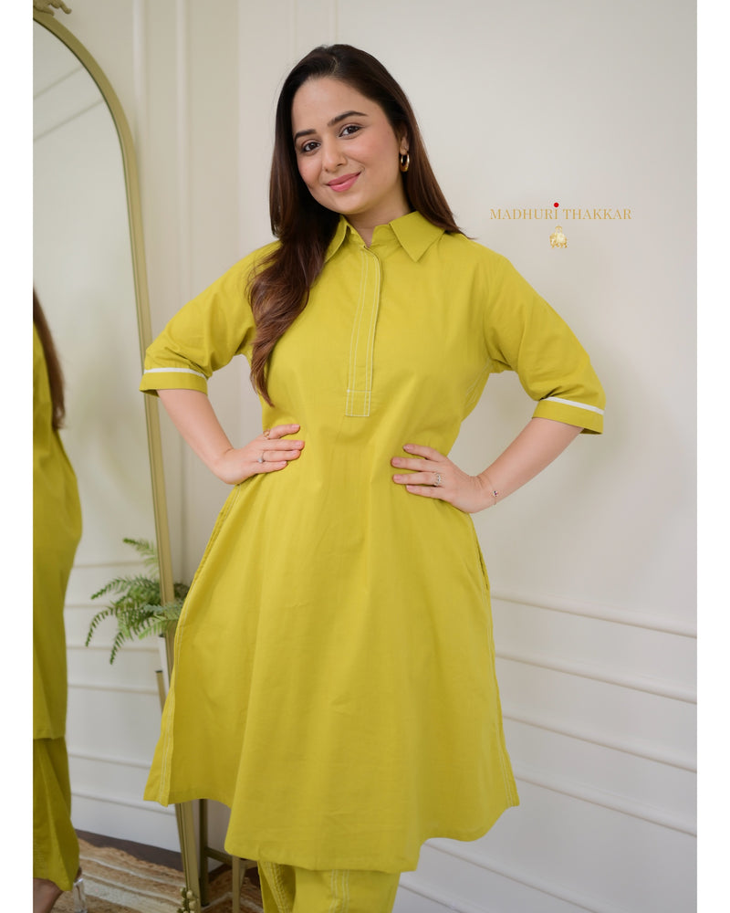 Greenish Yellow A Line Cotton Co-ord