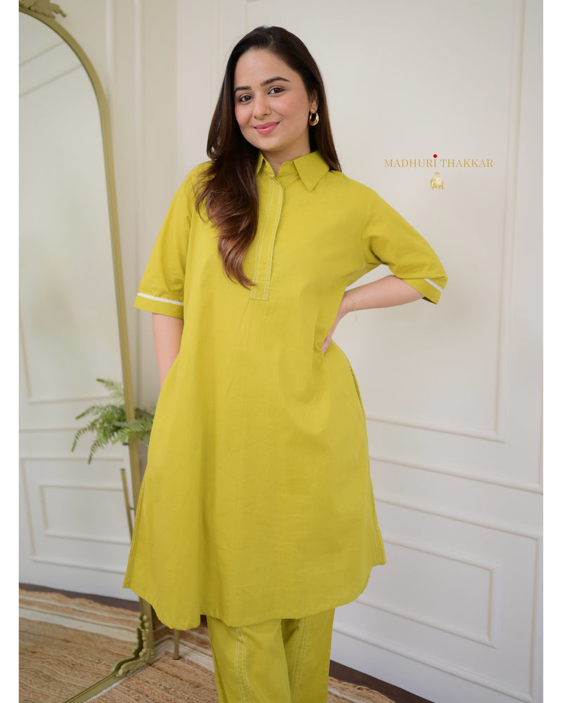 Greenish Yellow A Line Cotton Co-ord