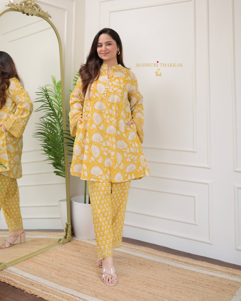 Yellow Floral Cotton Afghani Co-ord