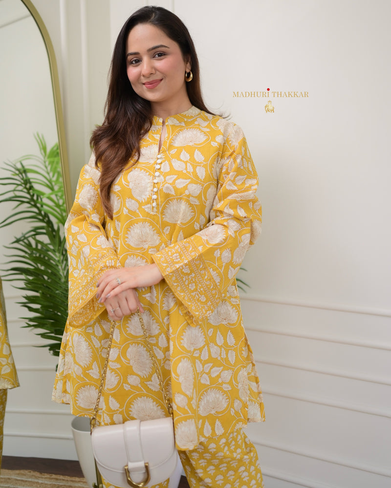 Yellow Floral Cotton Afghani Co-ord