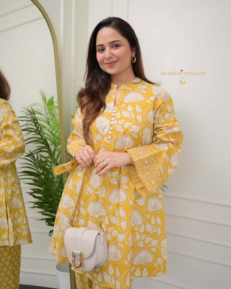 Yellow Floral Cotton Afghani Co-ord