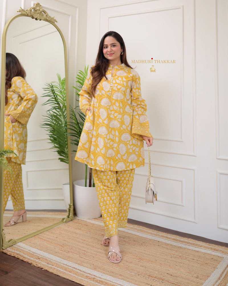 Yellow Floral Cotton Afghani Co-ord