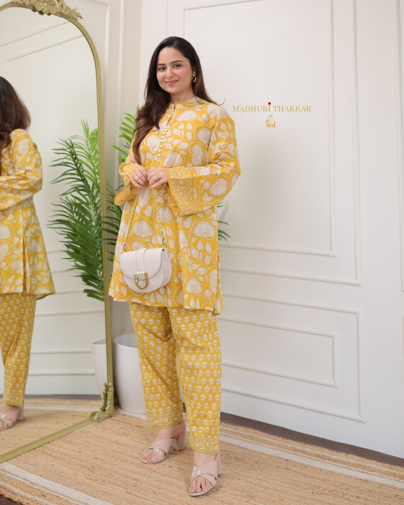 Yellow Floral Cotton Afghani Co-ord