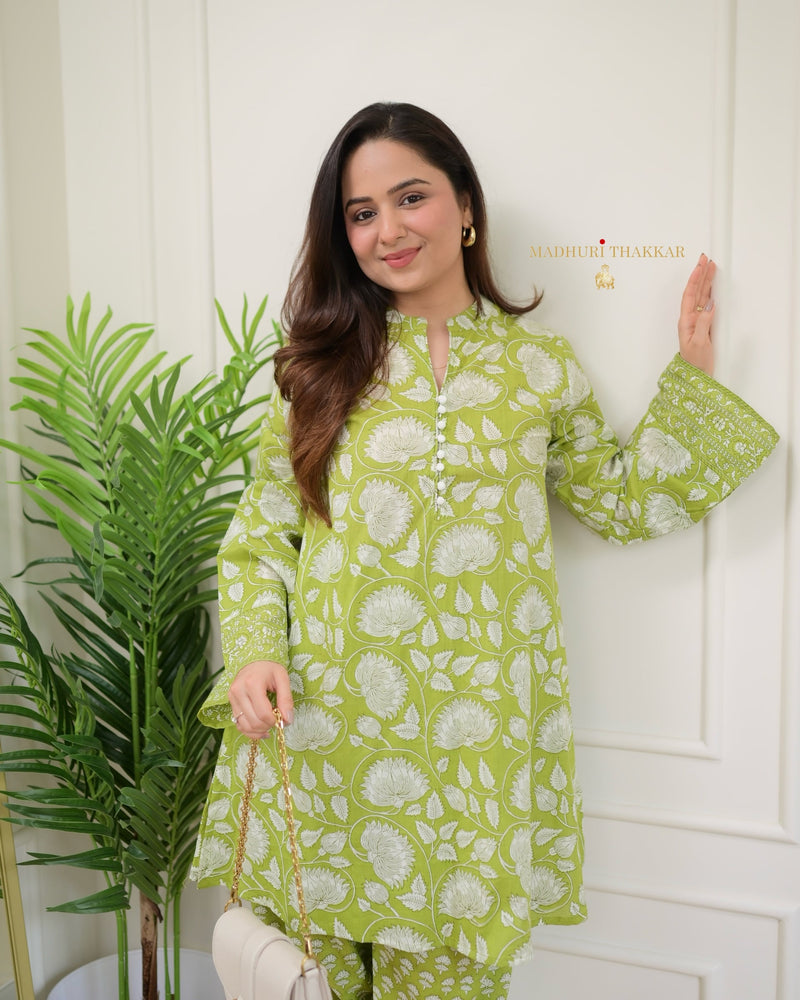 Olive Green Floral Cotton Afghani Co-ord