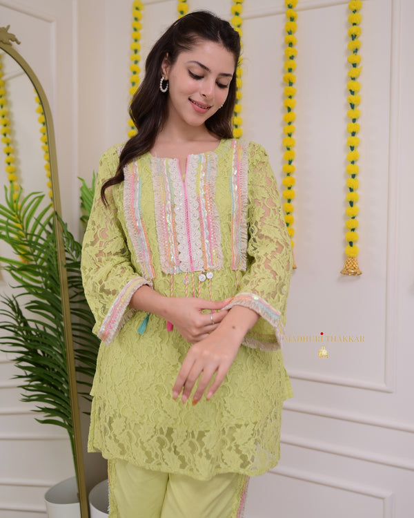 Green Schiffli Handwork Festive Co-ord