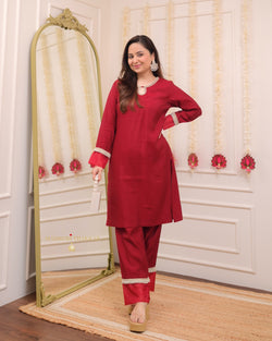 Maroon Red Roman Silk Pearl Co-ord Set