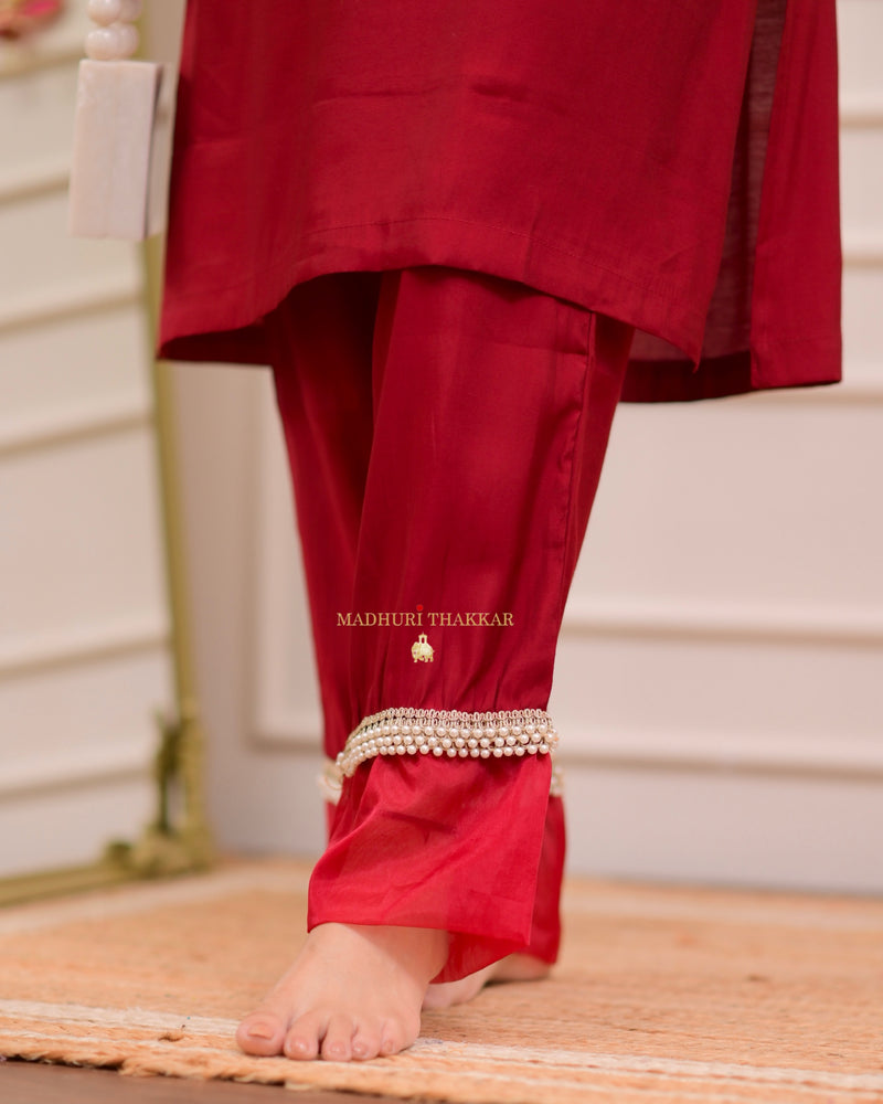 Maroon Red Roman Silk Pearl Co-ord Set