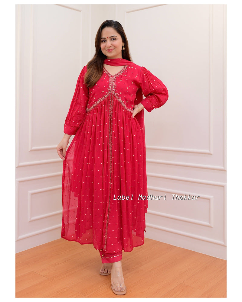 Red Chinnon Handwork A Line Suit