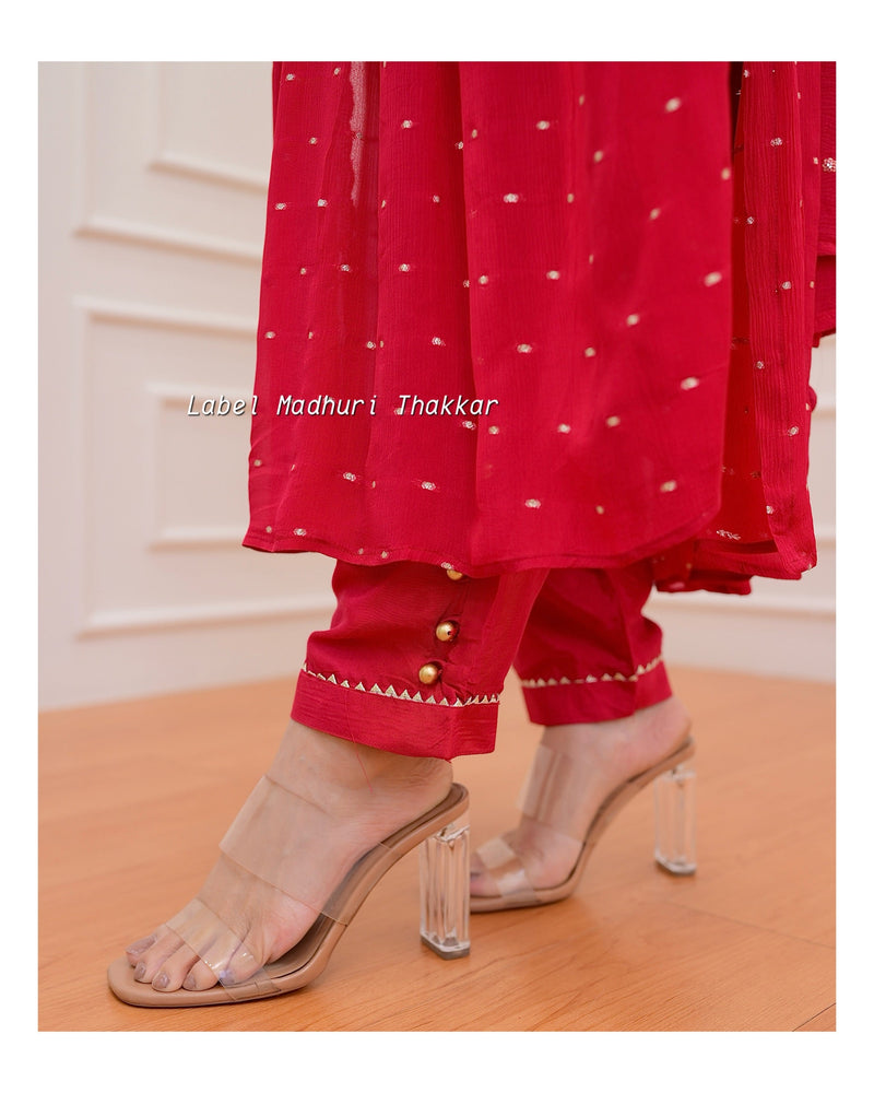 Red Chinnon Handwork A Line Suit