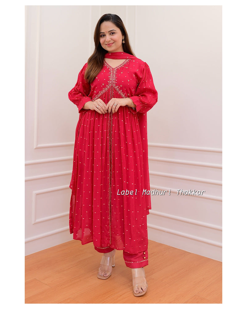 Red Chinnon Handwork A Line Suit