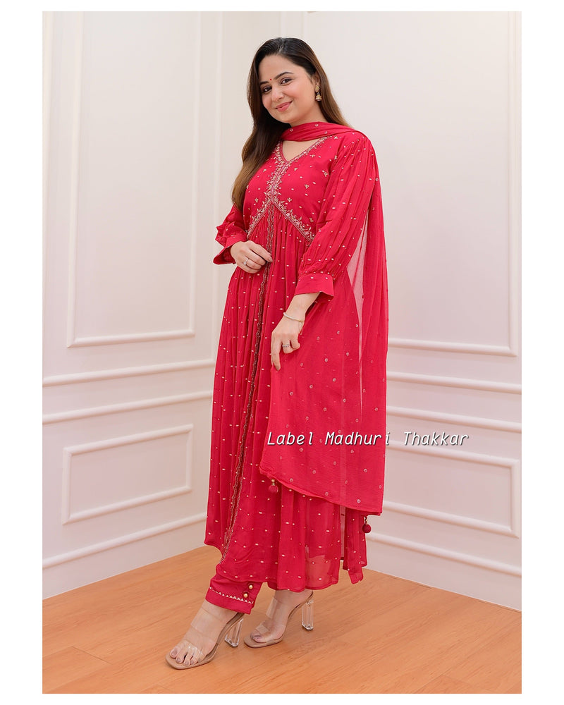 Red Chinnon Handwork A Line Suit