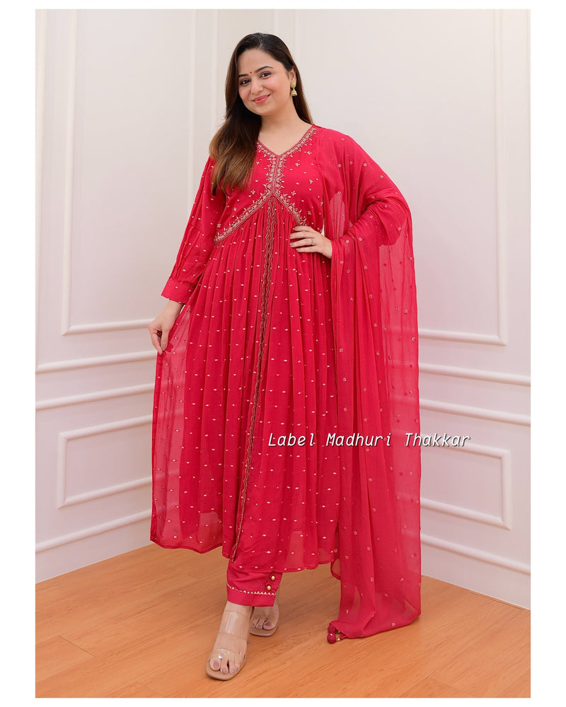 Red Chinnon Handwork A Line Suit