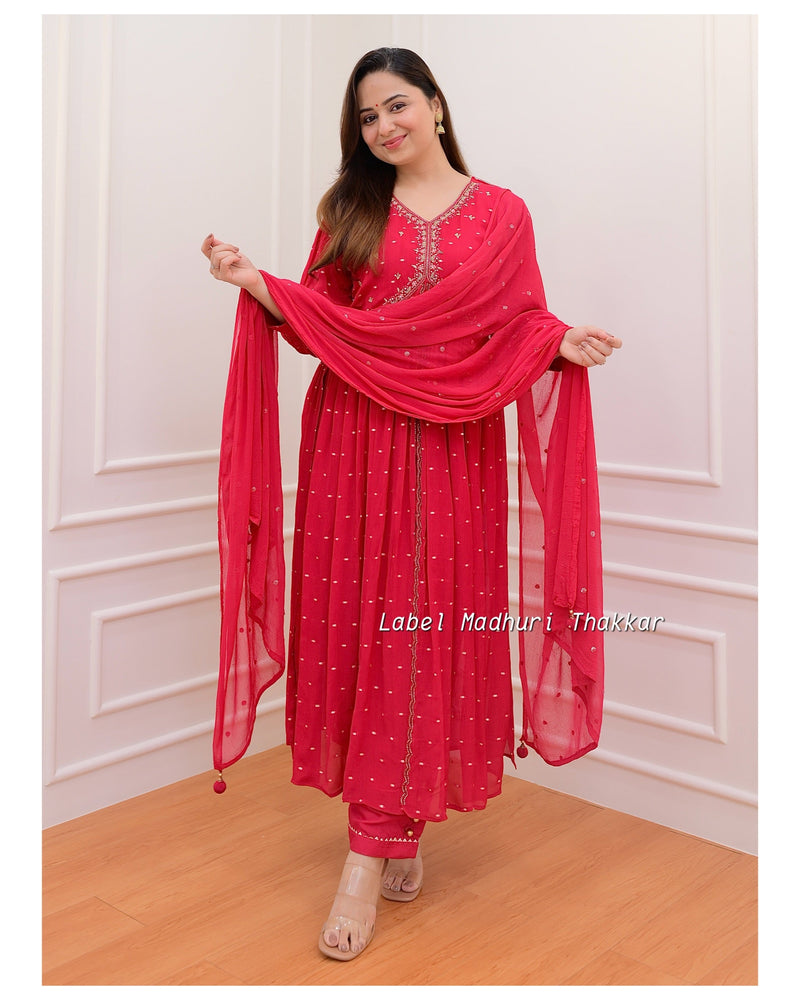 Red Chinnon Handwork A Line Suit