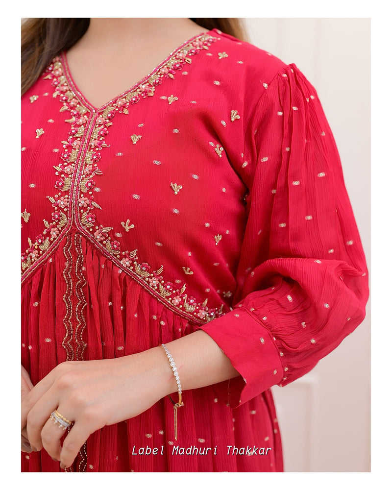 Red Chinnon Handwork A Line Suit