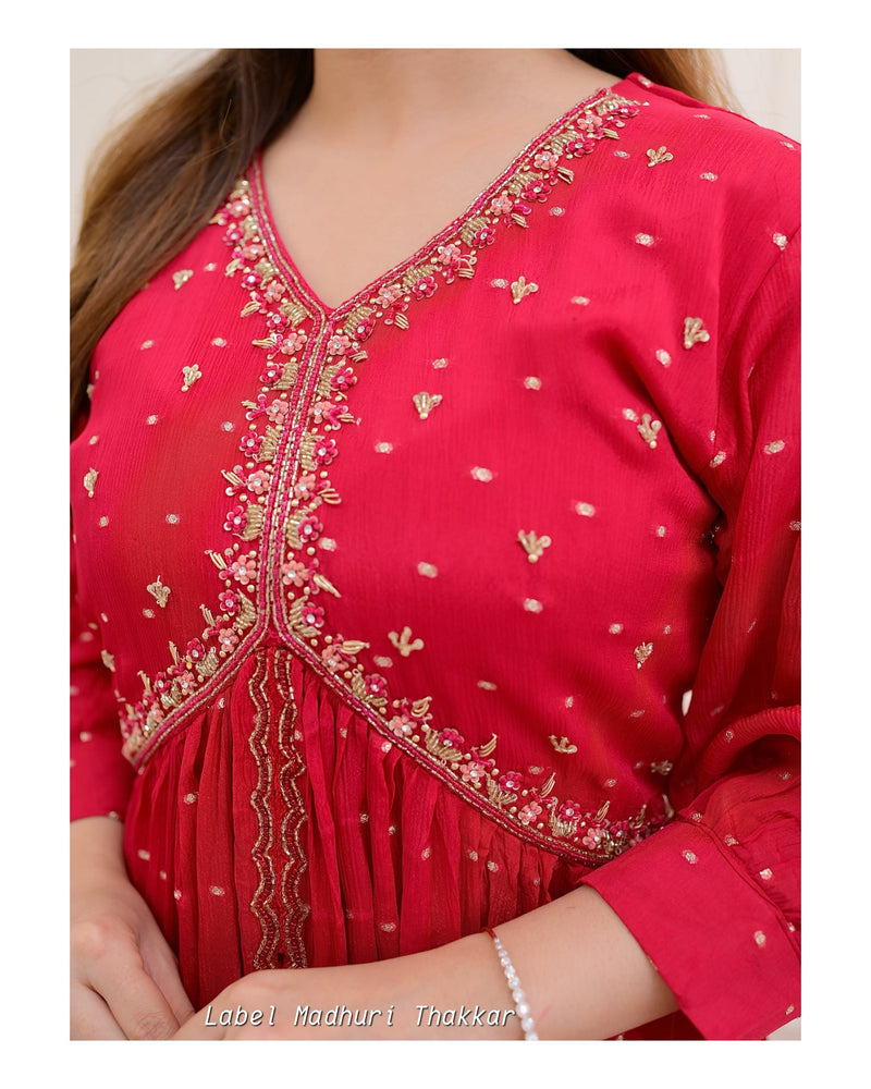 Red Chinnon Handwork A Line Suit