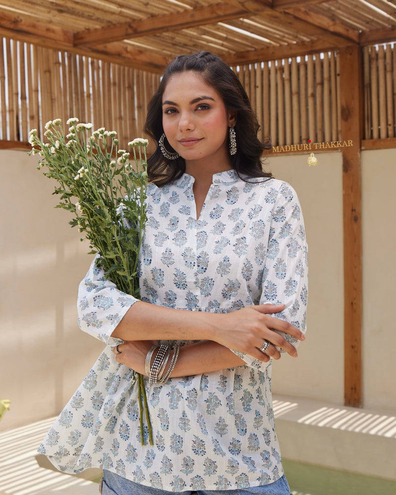 Ivory Blue Floral Cotton Tunic