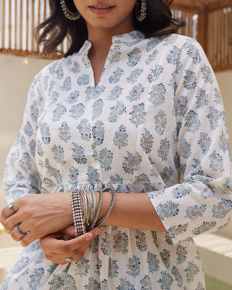 Ivory Blue Floral Cotton Tunic