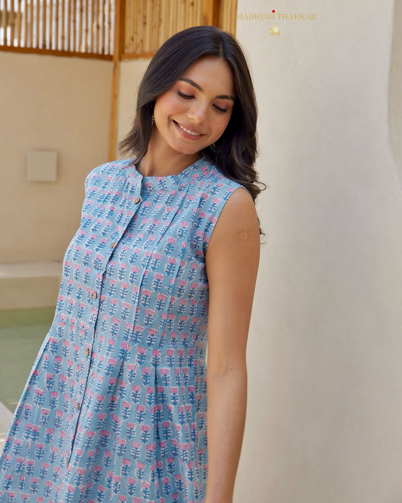 Blue Lotus Print Sleeveless Tunic