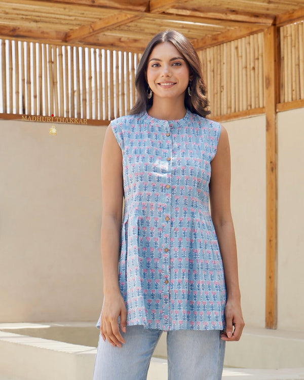 Blue Lotus Print Sleeveless Tunic