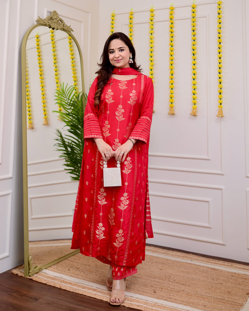 Red Silk Jacquard Festive Suit Set