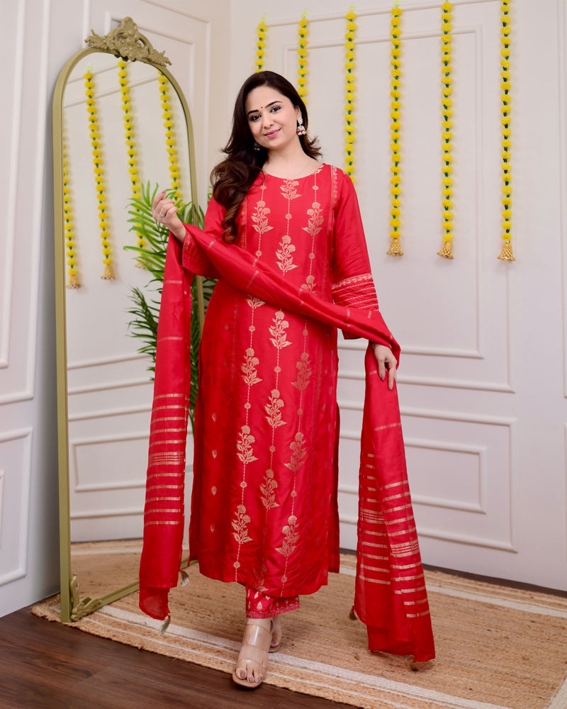 Red Silk Jacquard Festive Suit Set