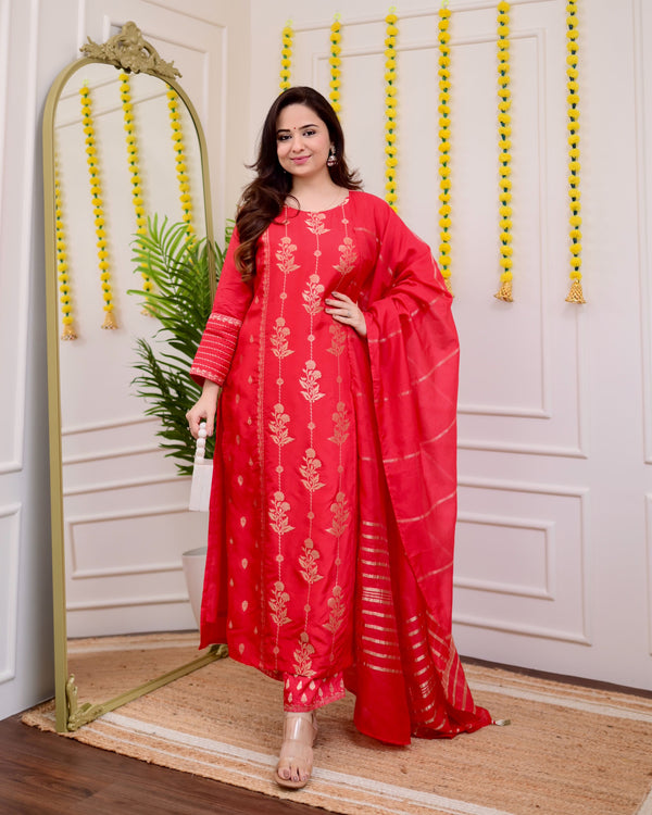 Red Silk Jacquard Festive Suit Set