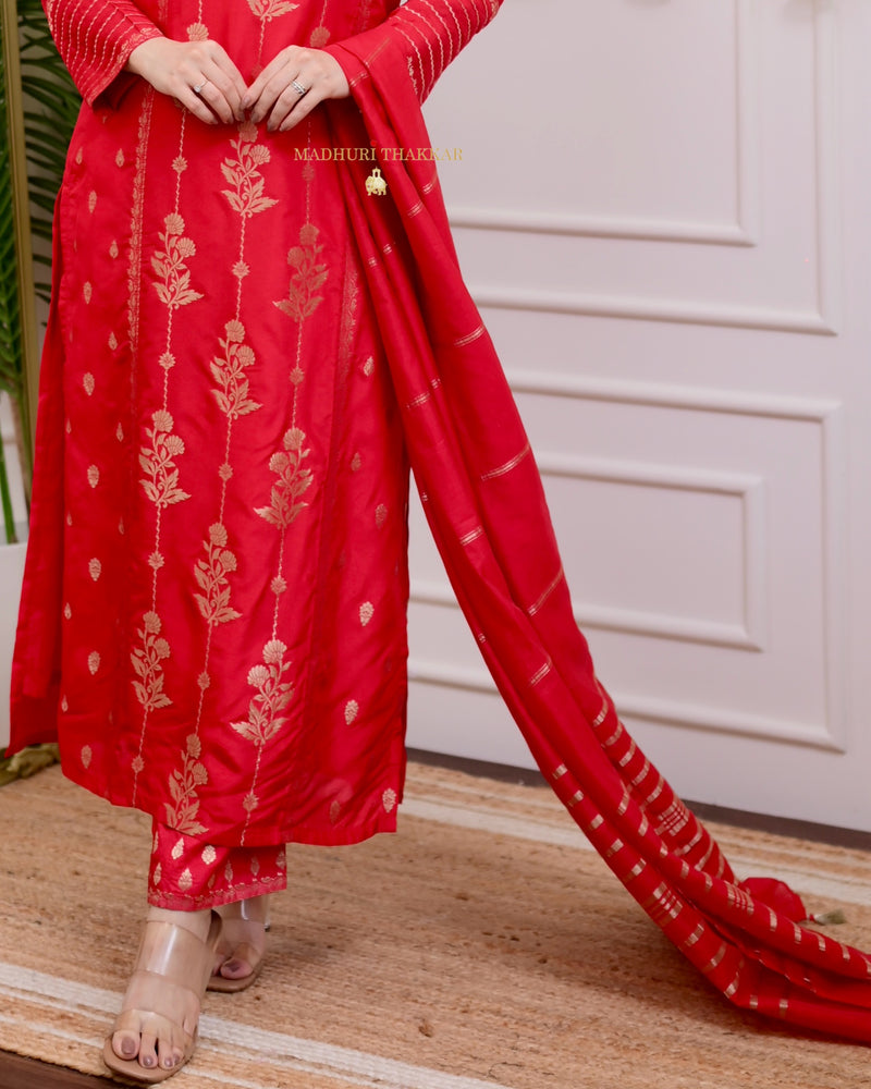 Red Silk Jacquard Festive Suit Set