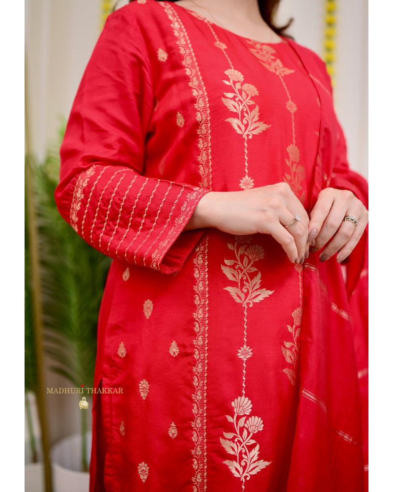 Red Silk Jacquard Festive Suit Set