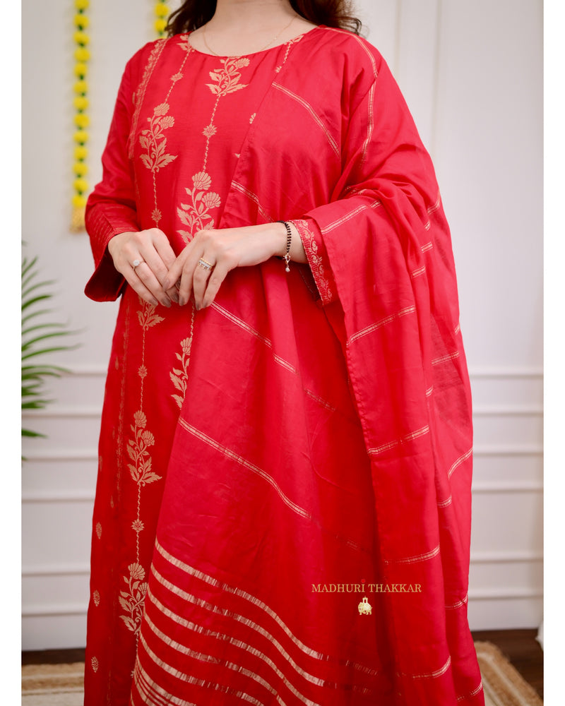 Red Silk Jacquard Festive Suit Set