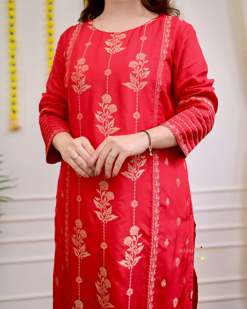 Red Silk Jacquard Festive Suit Set