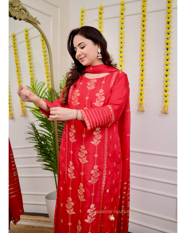 Red Silk Jacquard Festive Suit Set