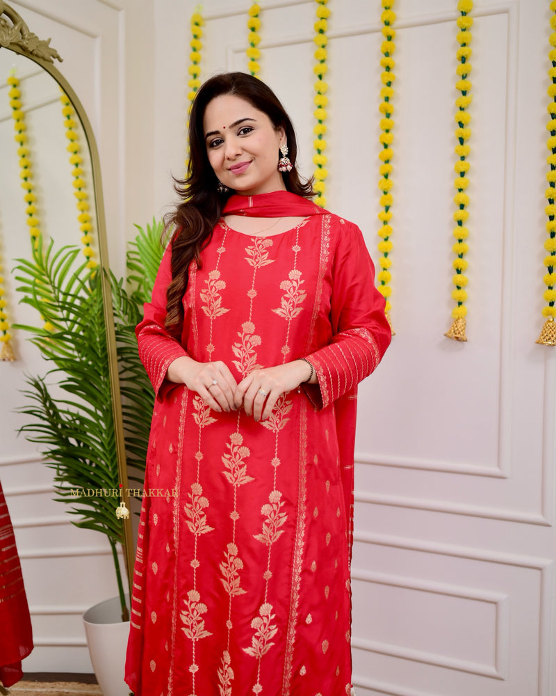 Red Silk Jacquard Festive Suit Set