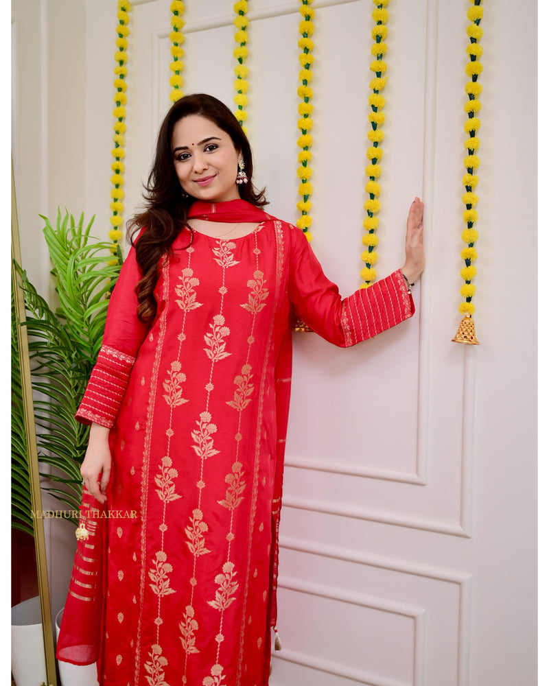 Red Silk Jacquard Festive Suit Set