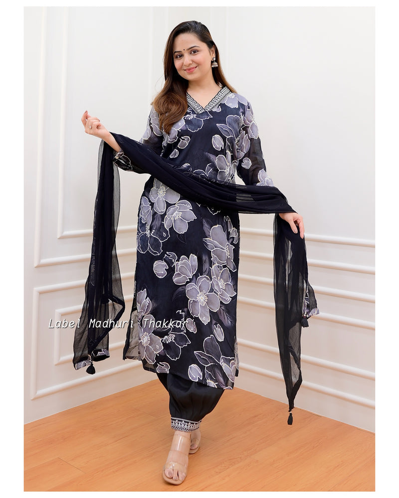 Black Floral Chinnon Afghani Suit