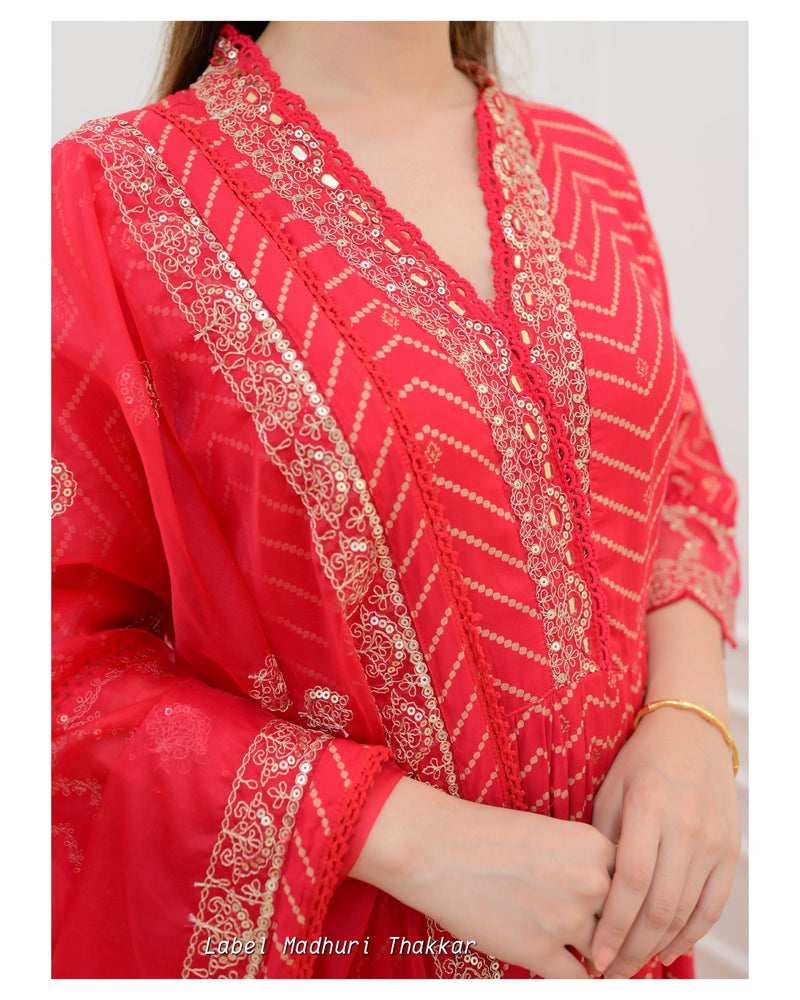 Rani Pink Leheriya Muslin Embroidered Suit