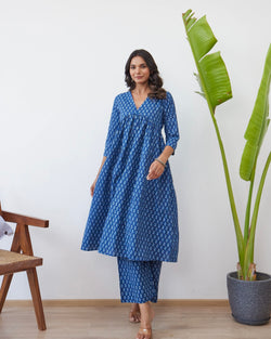 Navy Blue Paisley A Line Cotton Kurta Set