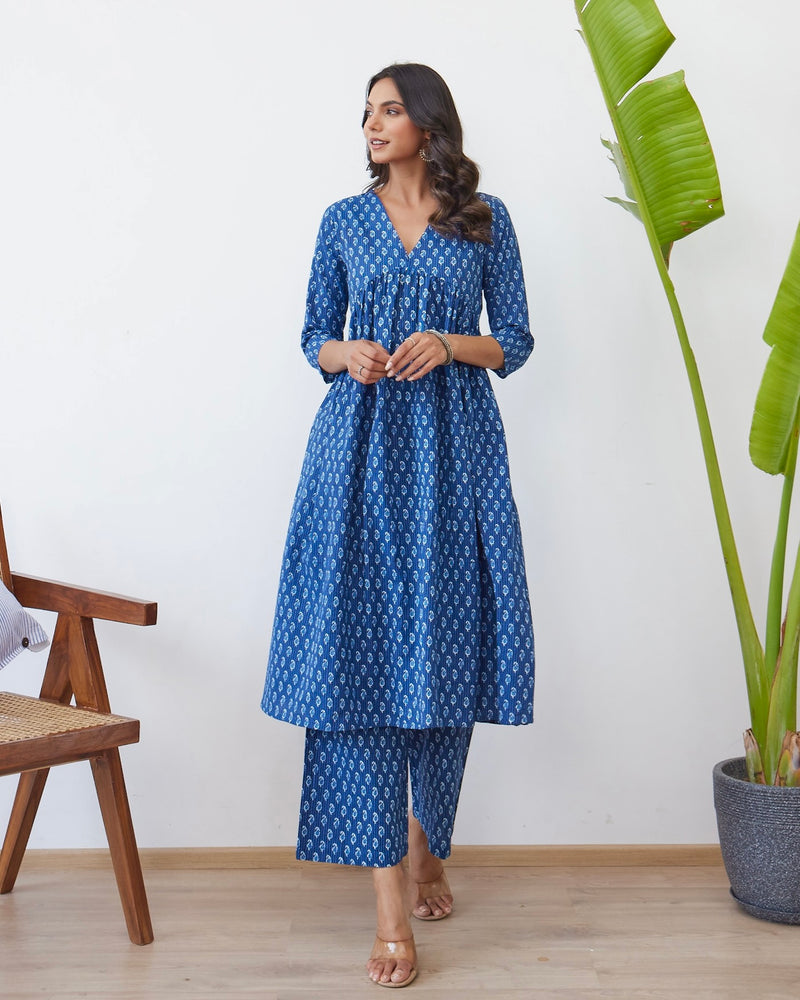 Navy Blue Paisley A Line Cotton Kurta Set