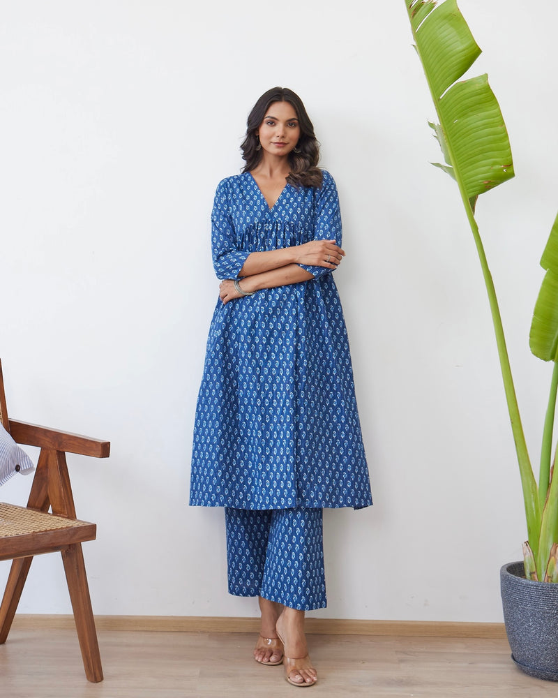 Navy Blue Paisley A Line Cotton Kurta Set